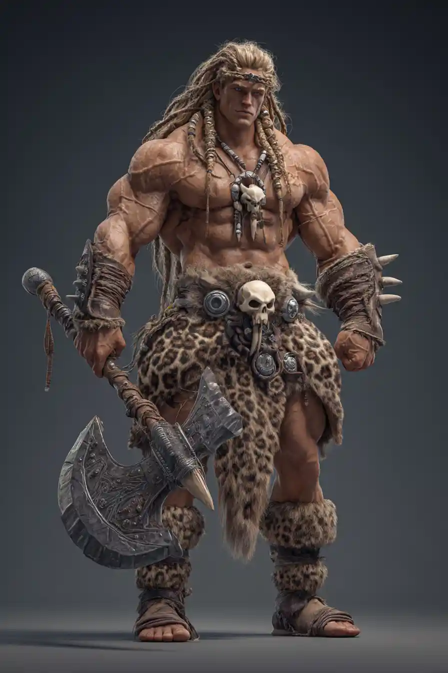 Eroe barbaro muscoloso con ascia in render 3D