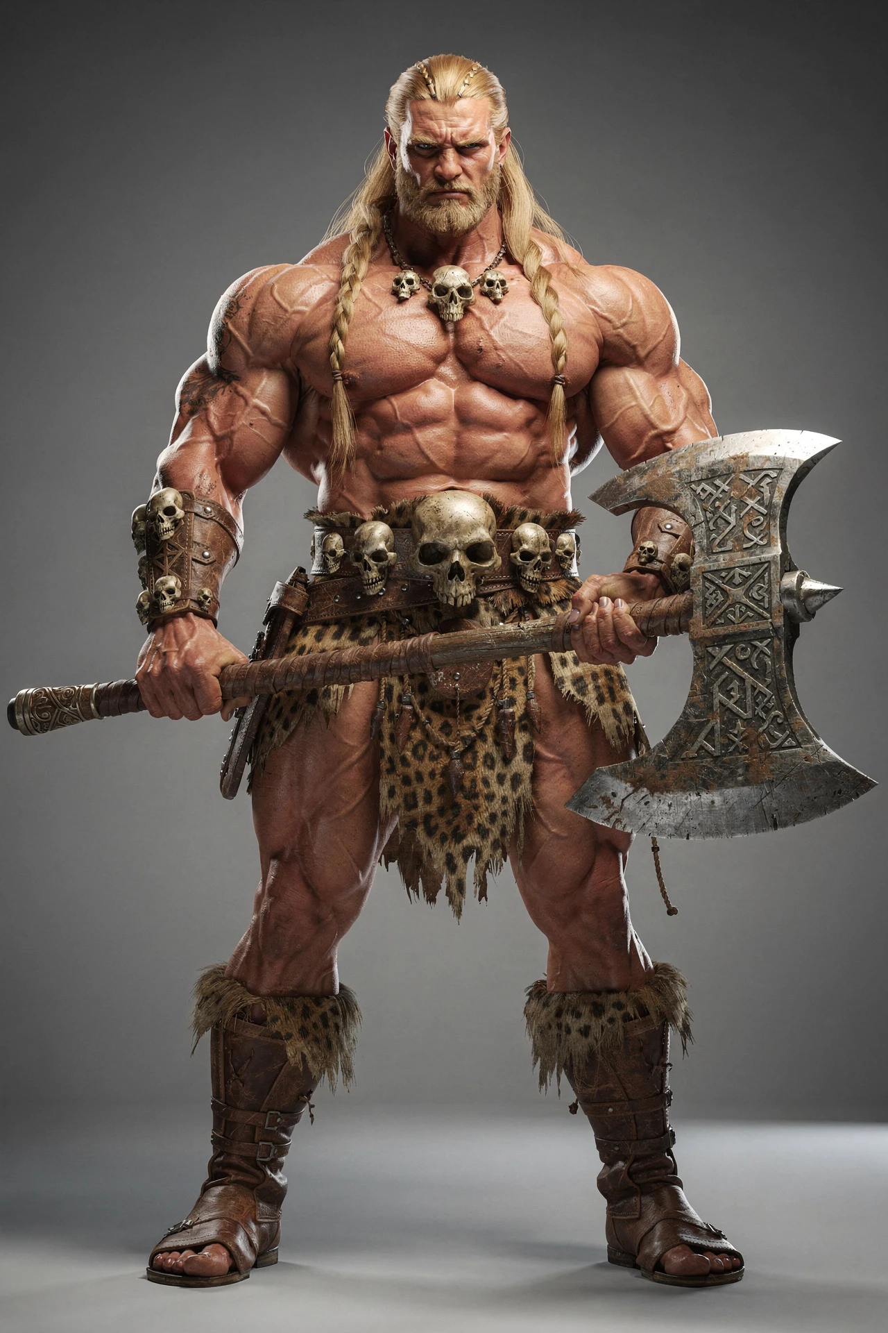 Muskulöser barbarischer Krieger mit Streitaxt in 3D-Rendering