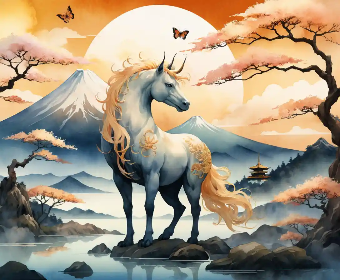 Qilin mitico davanti al Monte Fuji in stile acquerello