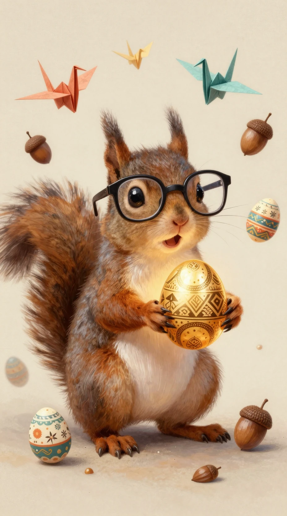 Cute squirrel with glasses holding a glowing golden egg