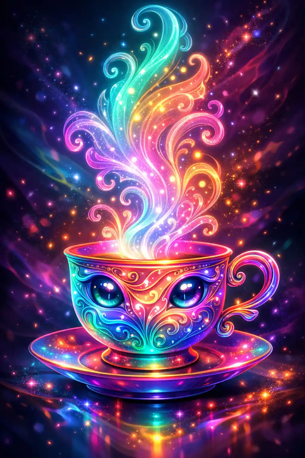 Tazza da tè magica e luminosa con vapore arcobaleno al neon vorticoso