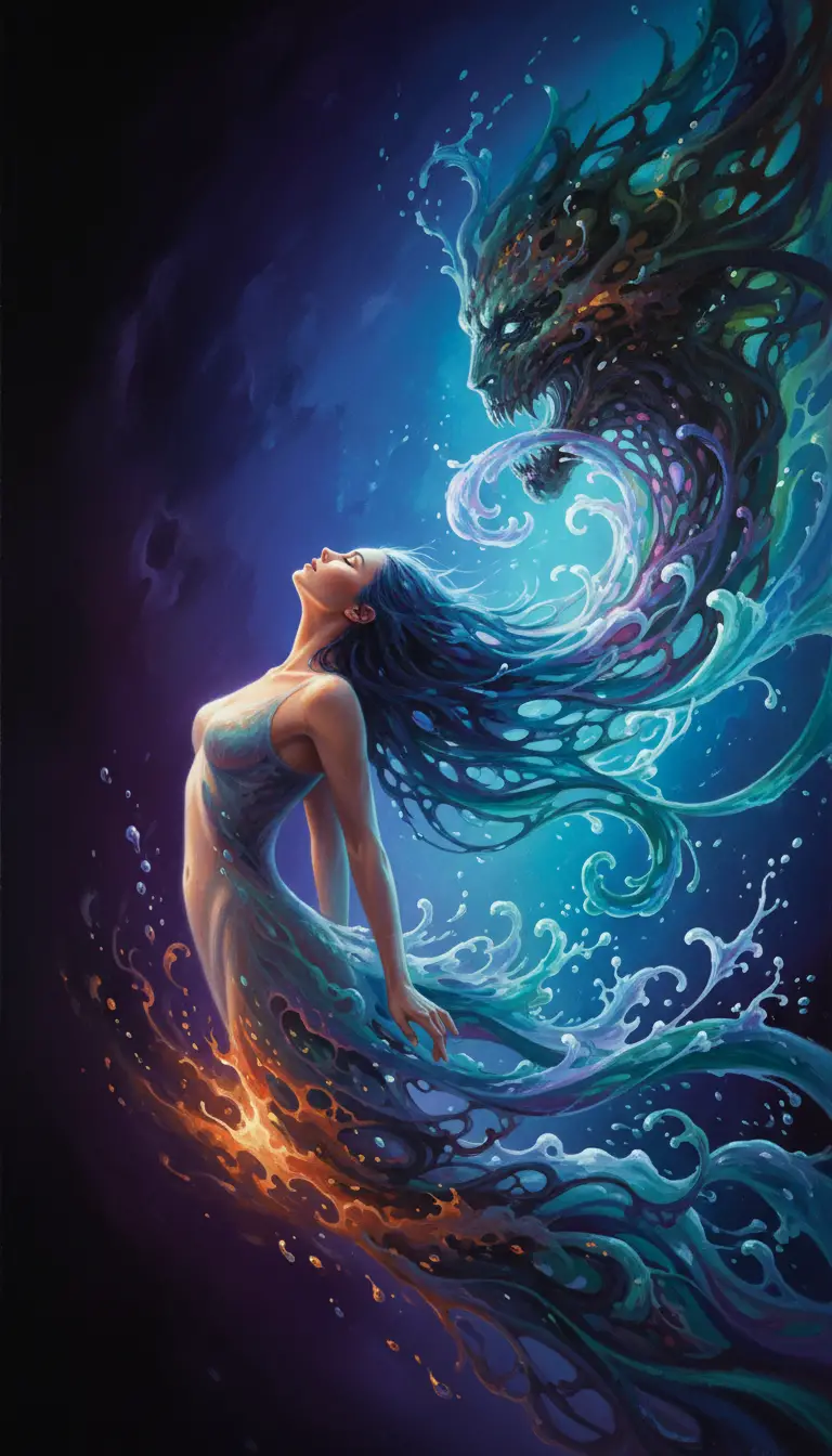 Ethereal woman arched in swirling cosmic water and light
