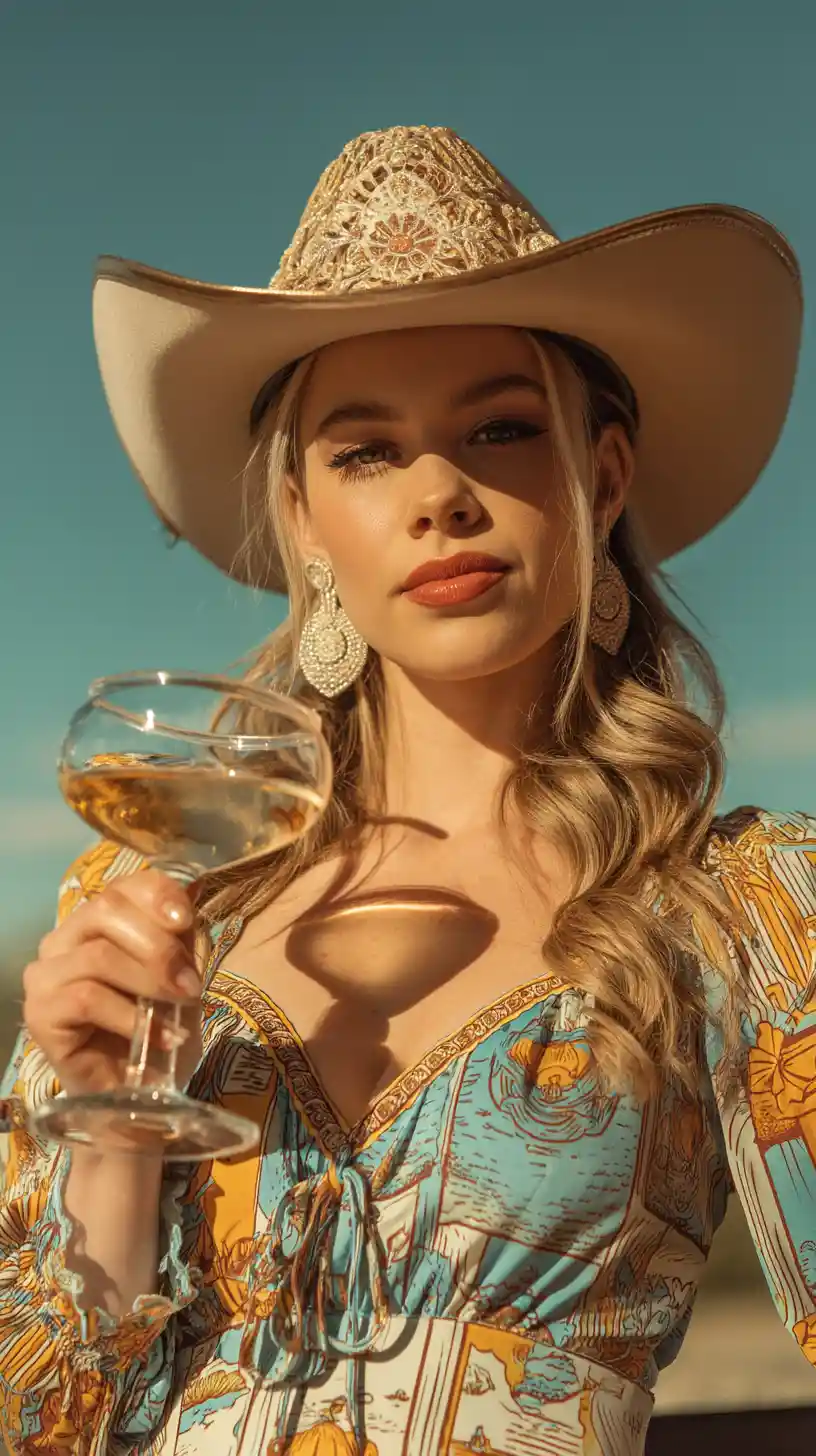 Donna alla moda con cappello da cowboy a Coachella con calice di champagne
