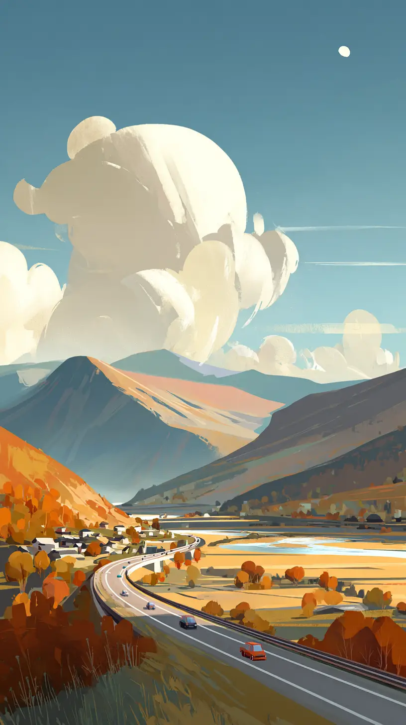 Serene mountain highway winding through a hazy autumn valley