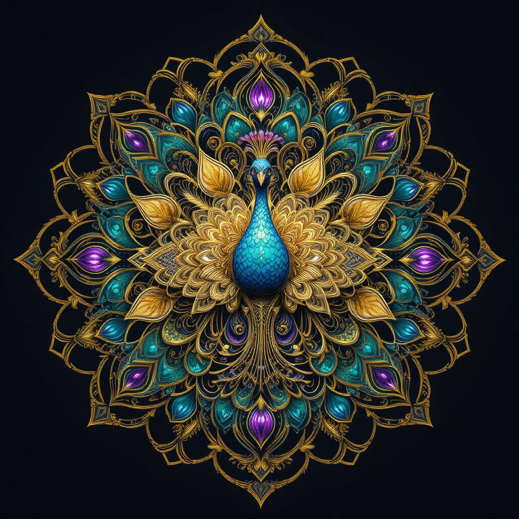 Paon mandala aux motifs géométriques rayonnants sur les plumes