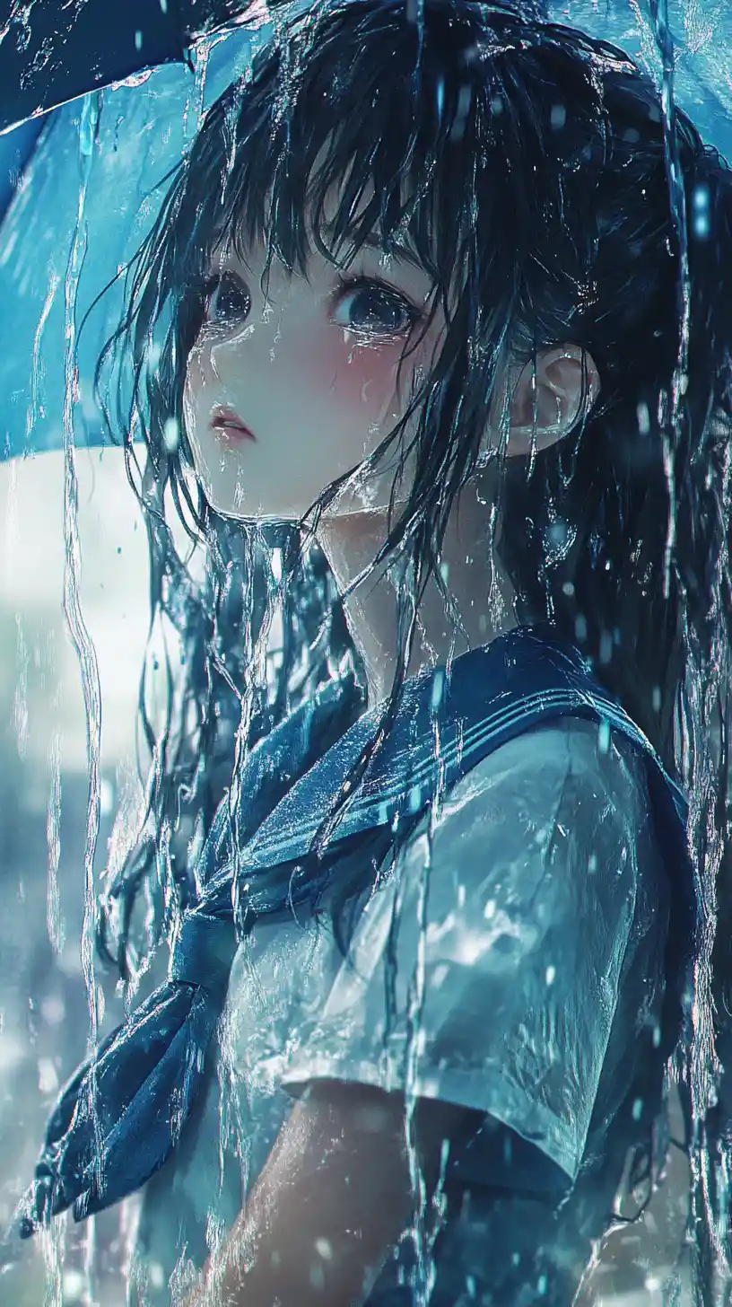 Melancholic anime schoolgirl in the pouring rain