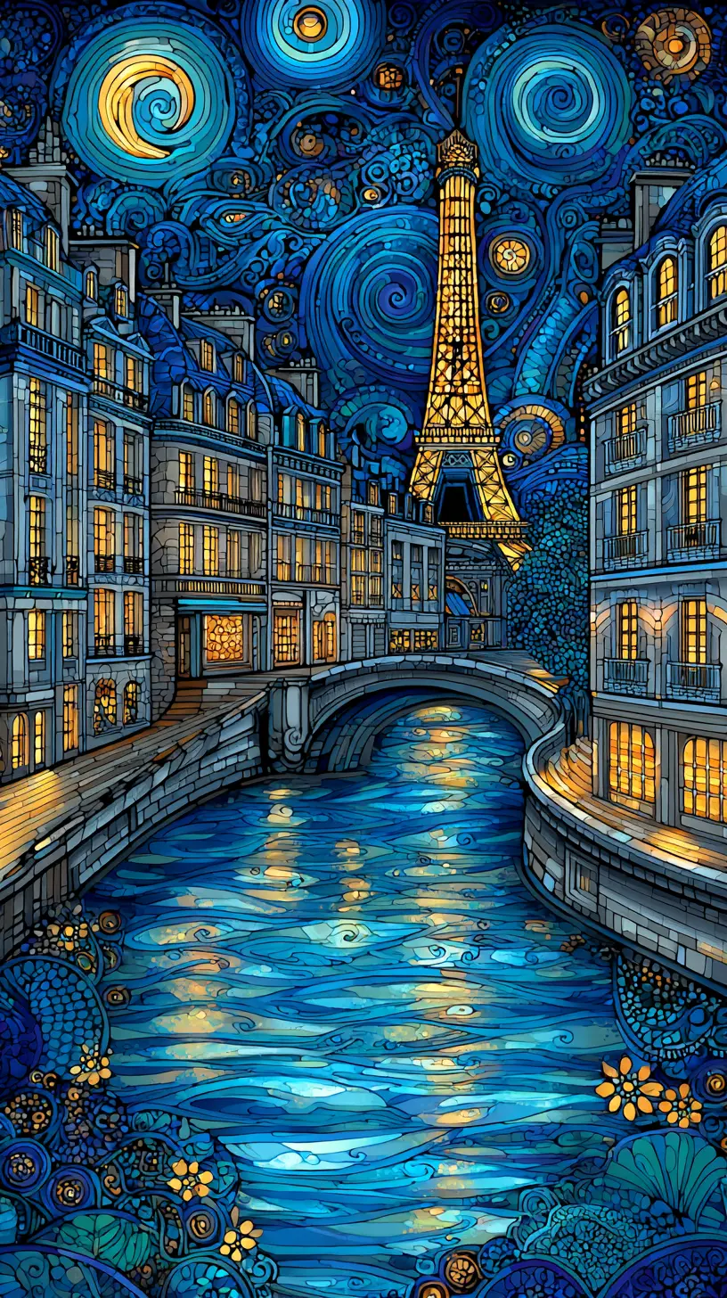 Golden Paris riverside under a decorative midnight sky