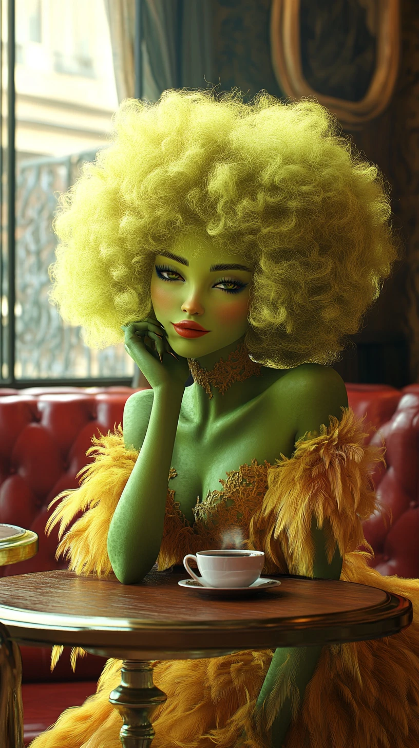 Donna dalla pelle verde che si rilassa con un caffè in un bar accogliente