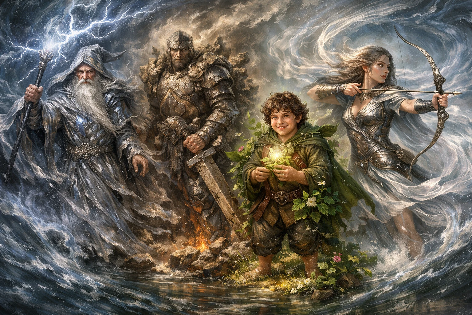 Elementare Helden in einem surrealen Fantasy-Digitalgemälde