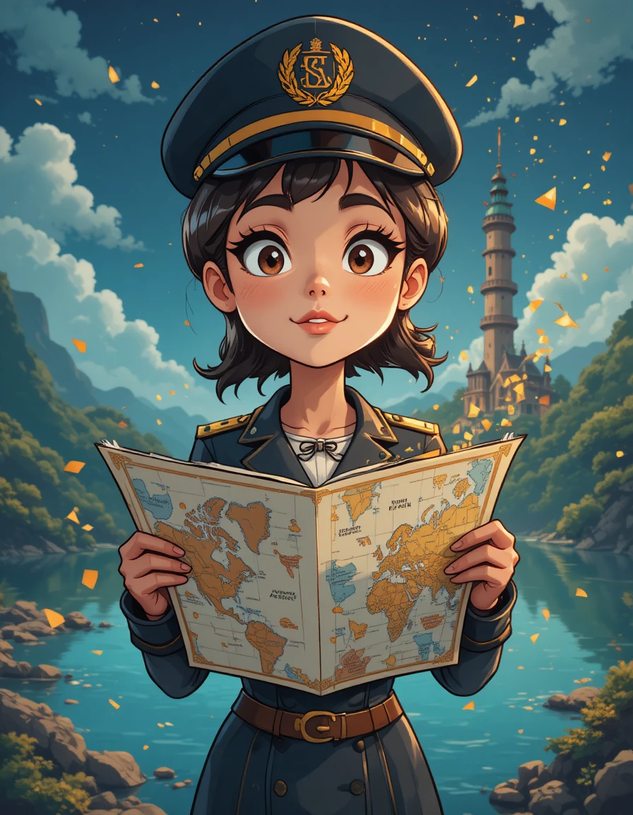 Woman captain with map by a magical lakeside tower