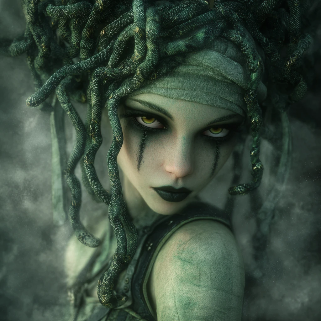 Close up of a sorrowful snake haired woman with pegasus foal