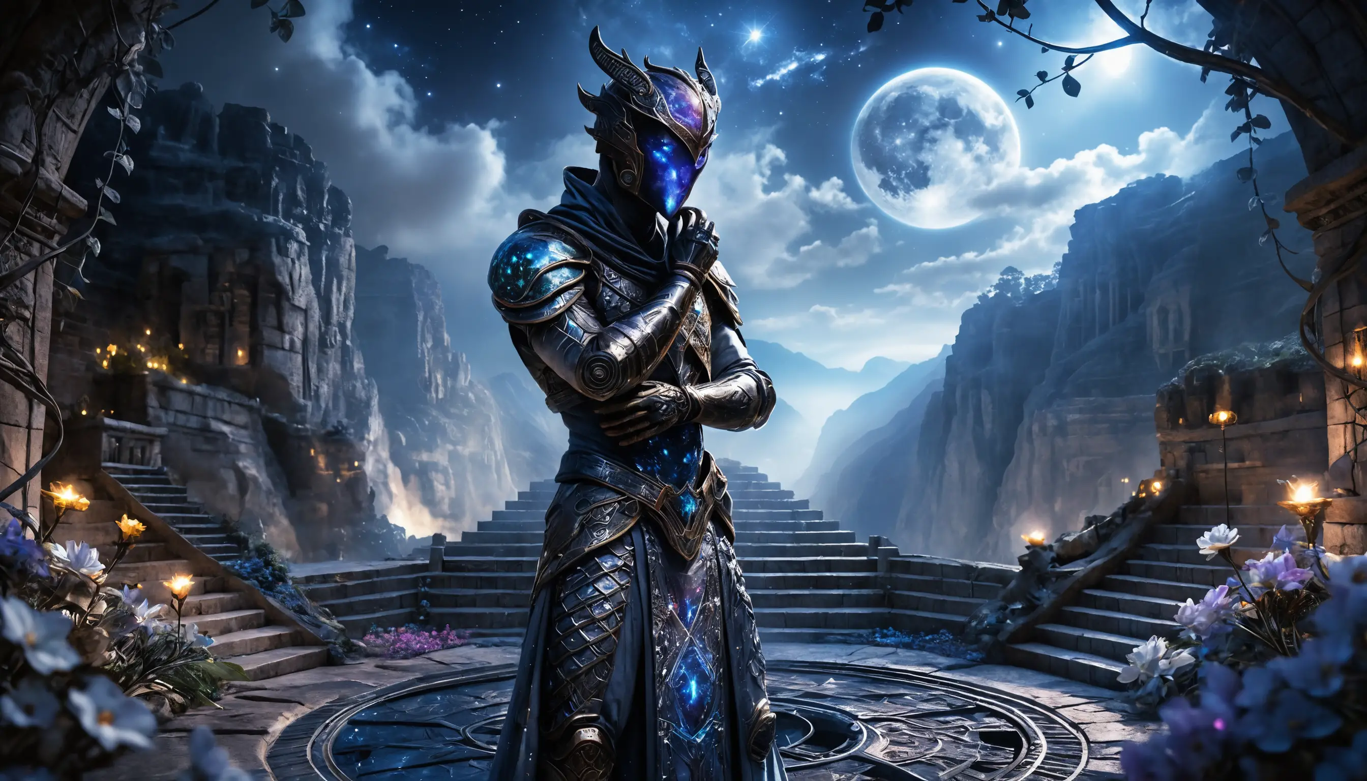 Crystal android druid stargazing on an ancient ziggurat
