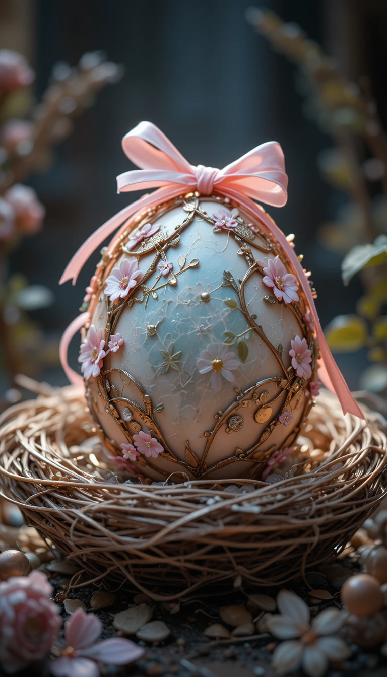 Decorated Easter Egg In Nest With Dramatic Studio Light
