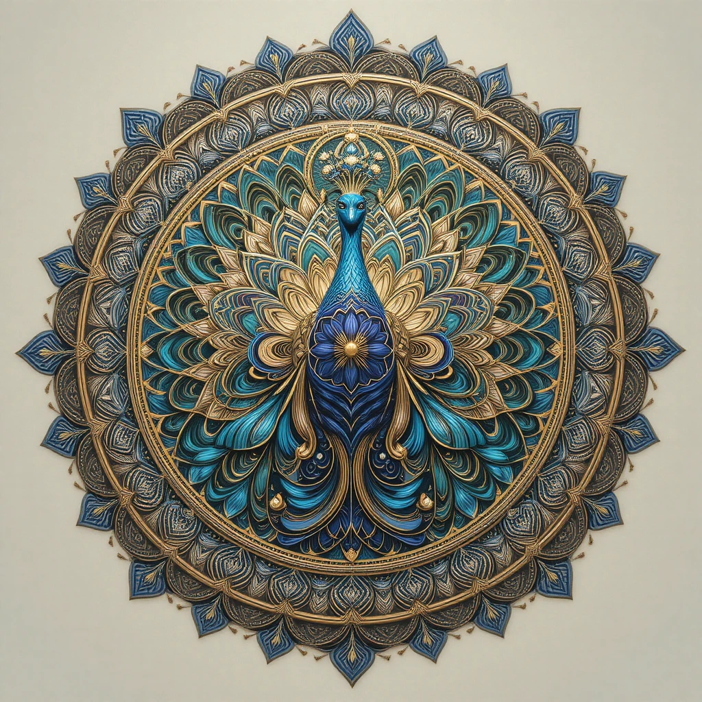 Pavone Mandala Intricato con Motivi Ornamentali Simmetrici