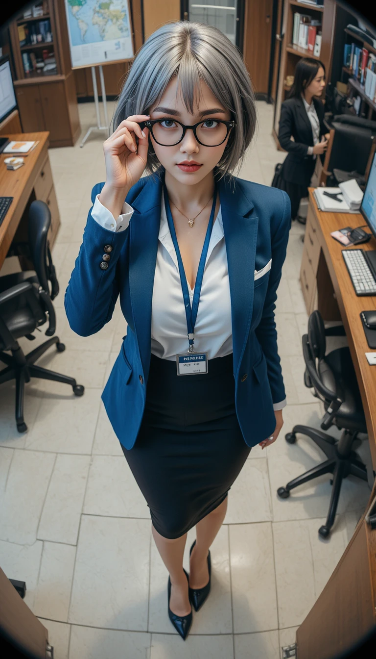 Mulher de escritório com óculos ajustando a armação ao lado do computador
