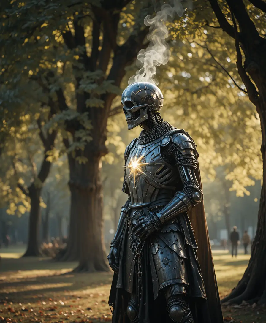 Sacro cavaliere scheletro che brilla sotto un albero silenzioso del parco
