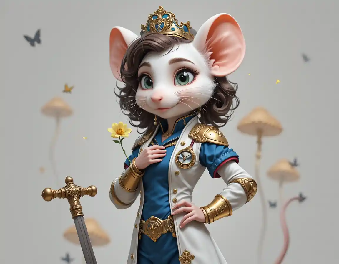 Armored white mouse holding a flower in fantasy forest
