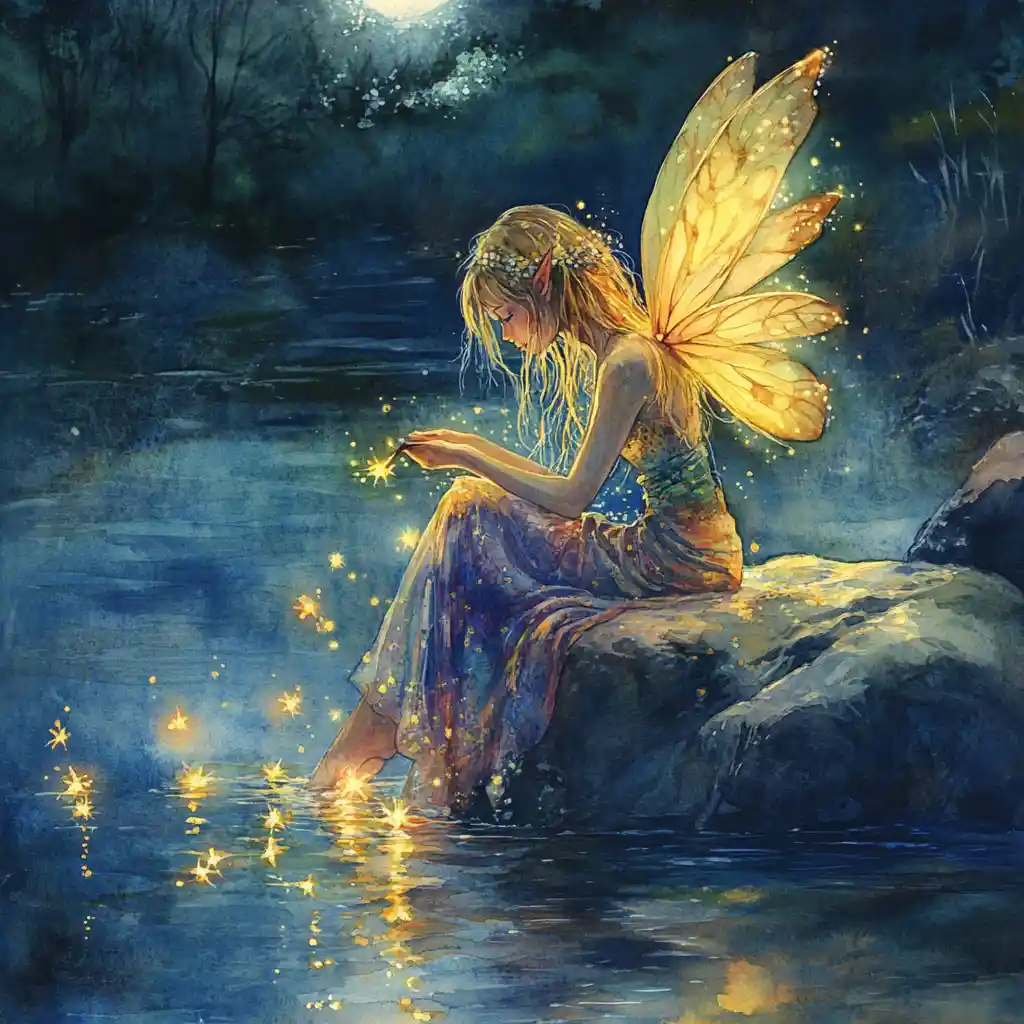 Fairy Sitting On River Rock In Dreamy Moonlit Mist