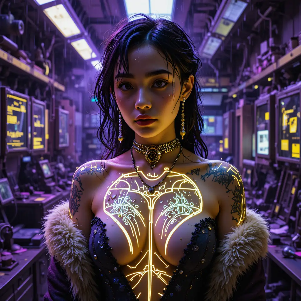 Woman with glowing tattoos in ruined cyberpunk laboratory