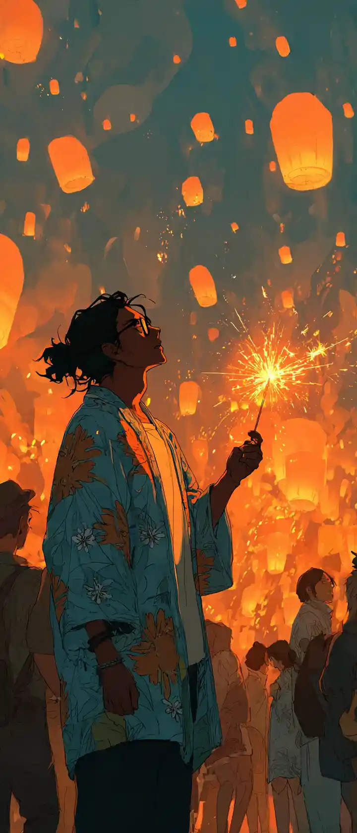 Anime girl in yukata holding glowing festival sparkler