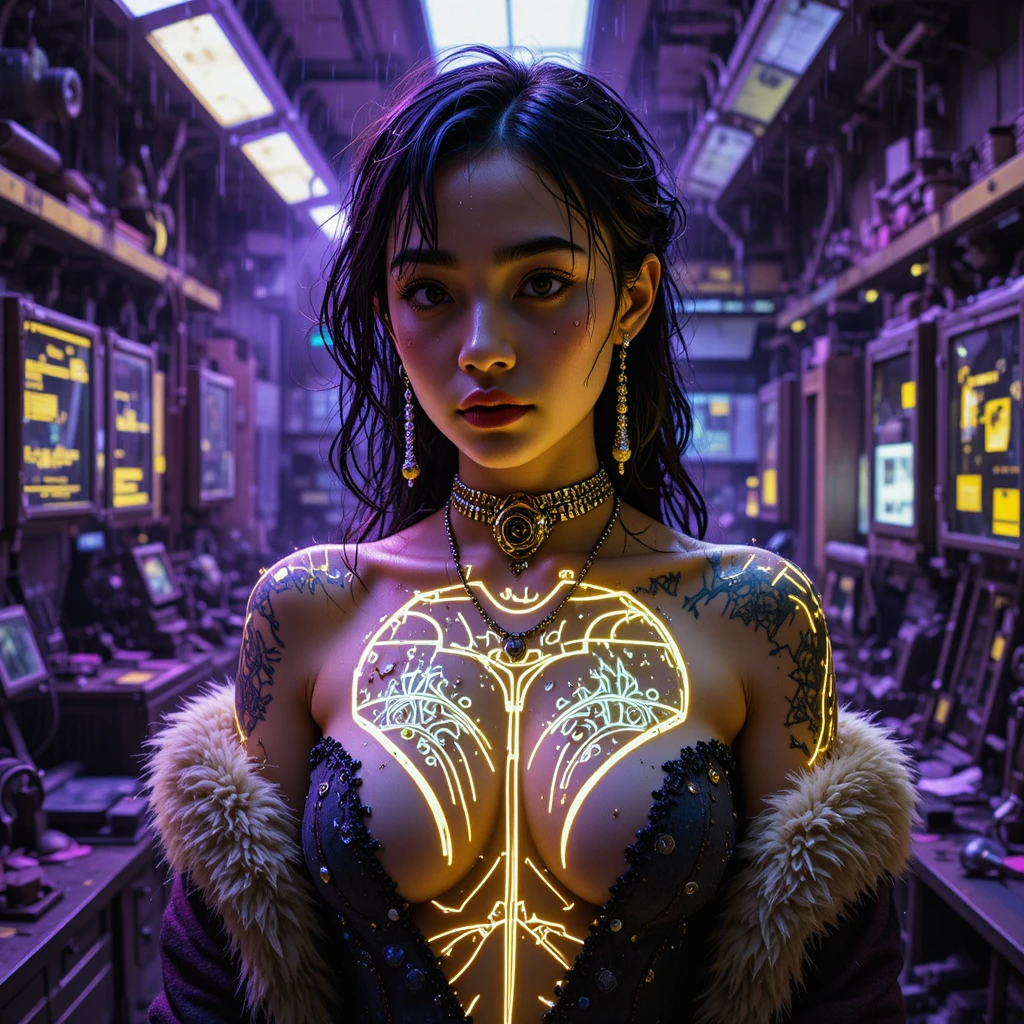 Woman with glowing tattoos in ruined cyberpunk laboratory