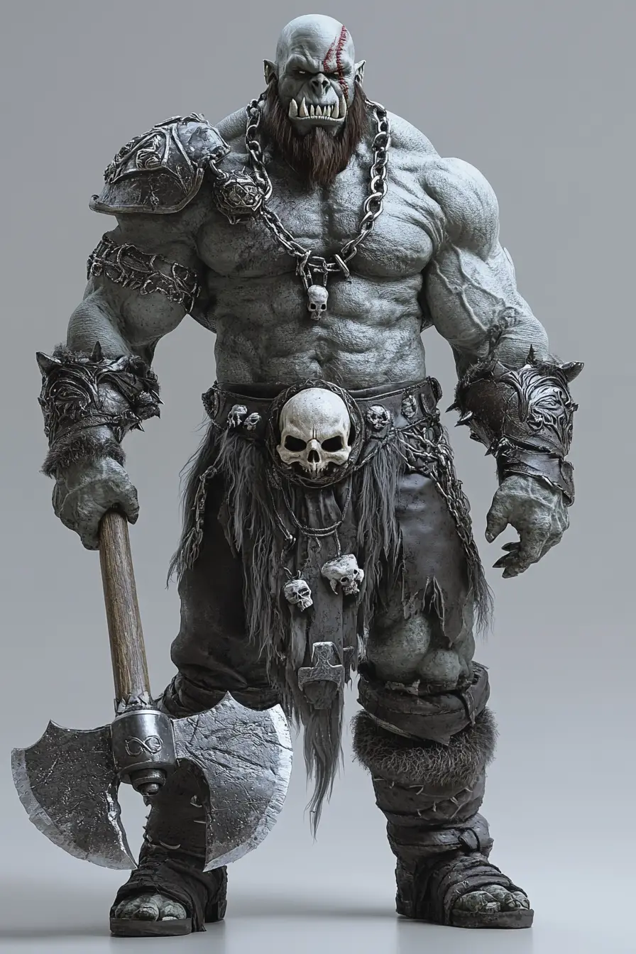 手持巨大戰斧的強大3D獸人將軍