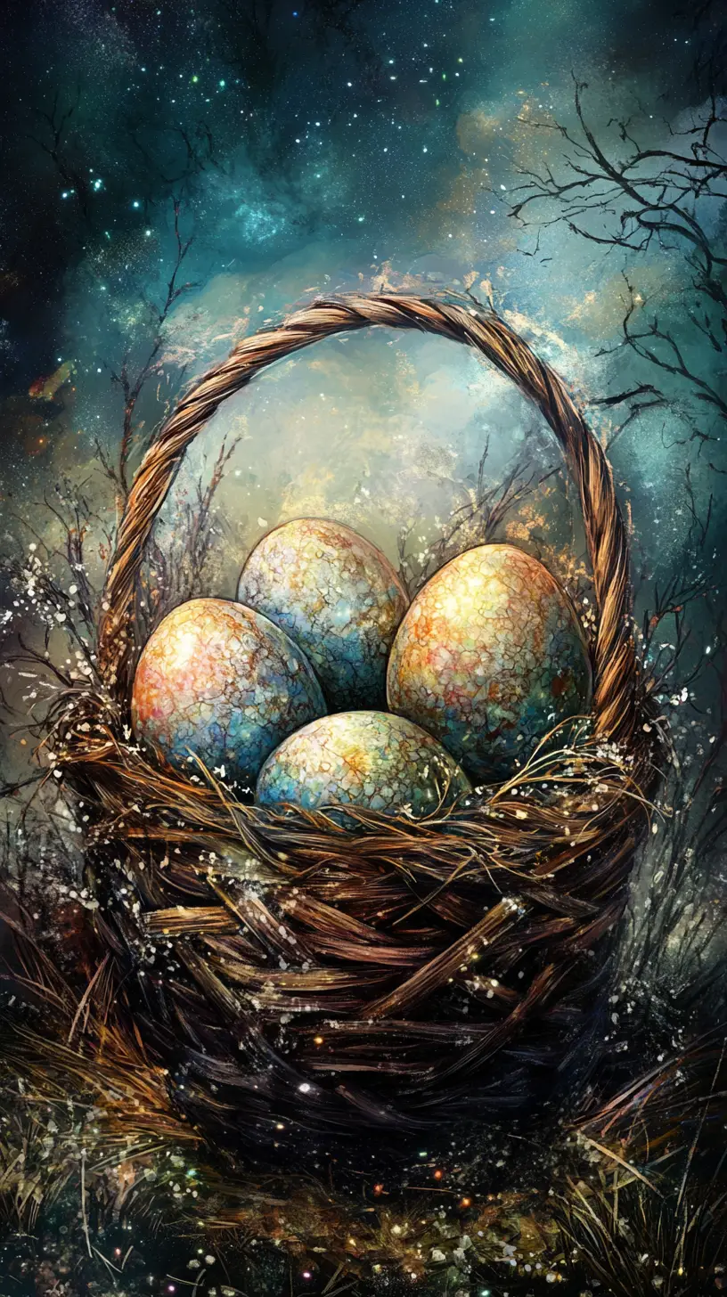 Huevos de Pascua surrealistas en degradado en una canasta mágica y brillante