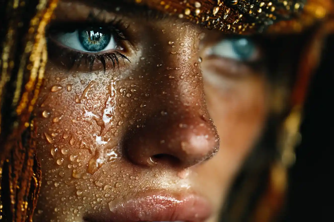 Extremes Close-up einer tränenreichen Frau mit Wassertropfen