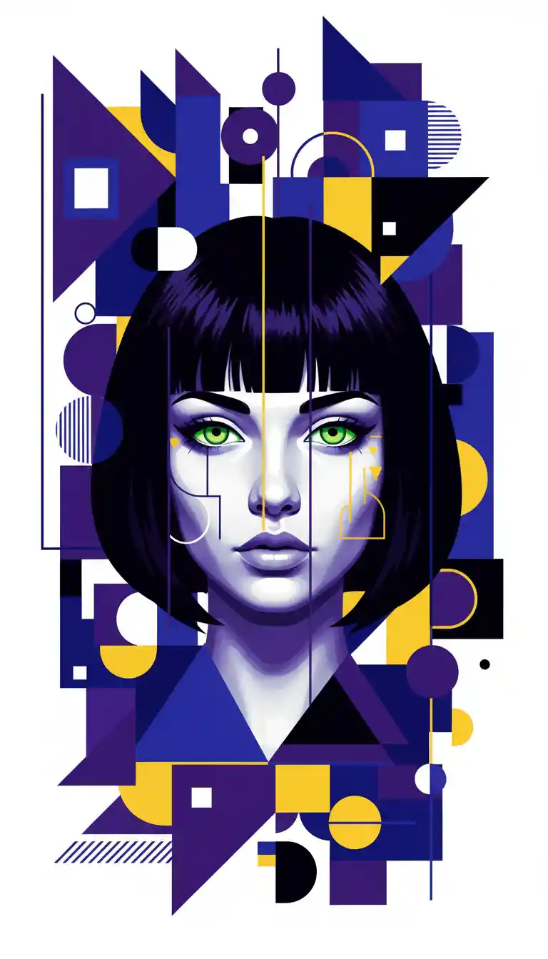 Geometric portrait of a woman with green eyes and bob haircut