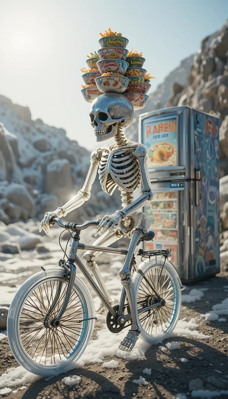 Esqueleto gelado cintilante andando de bicicleta sob o sol brilhante