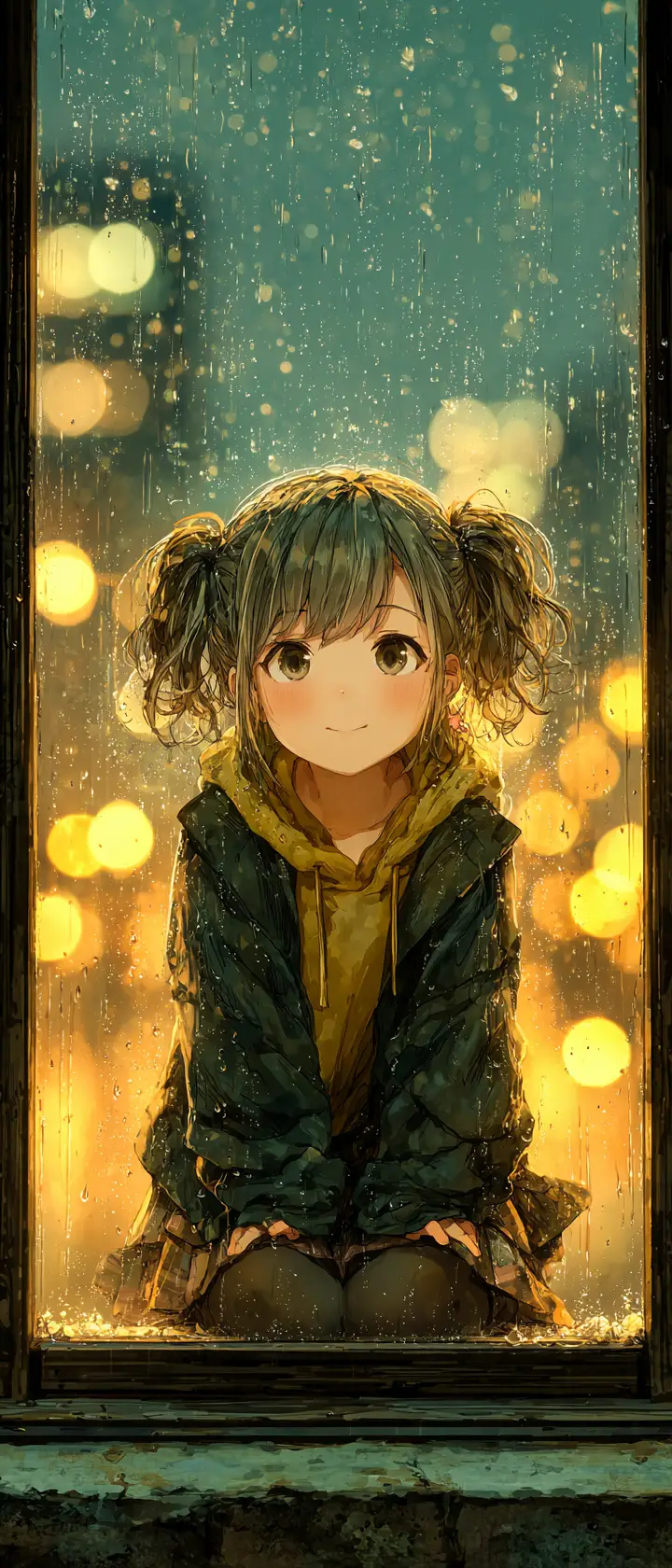 Anime girl on windowsill watching magical rain outside