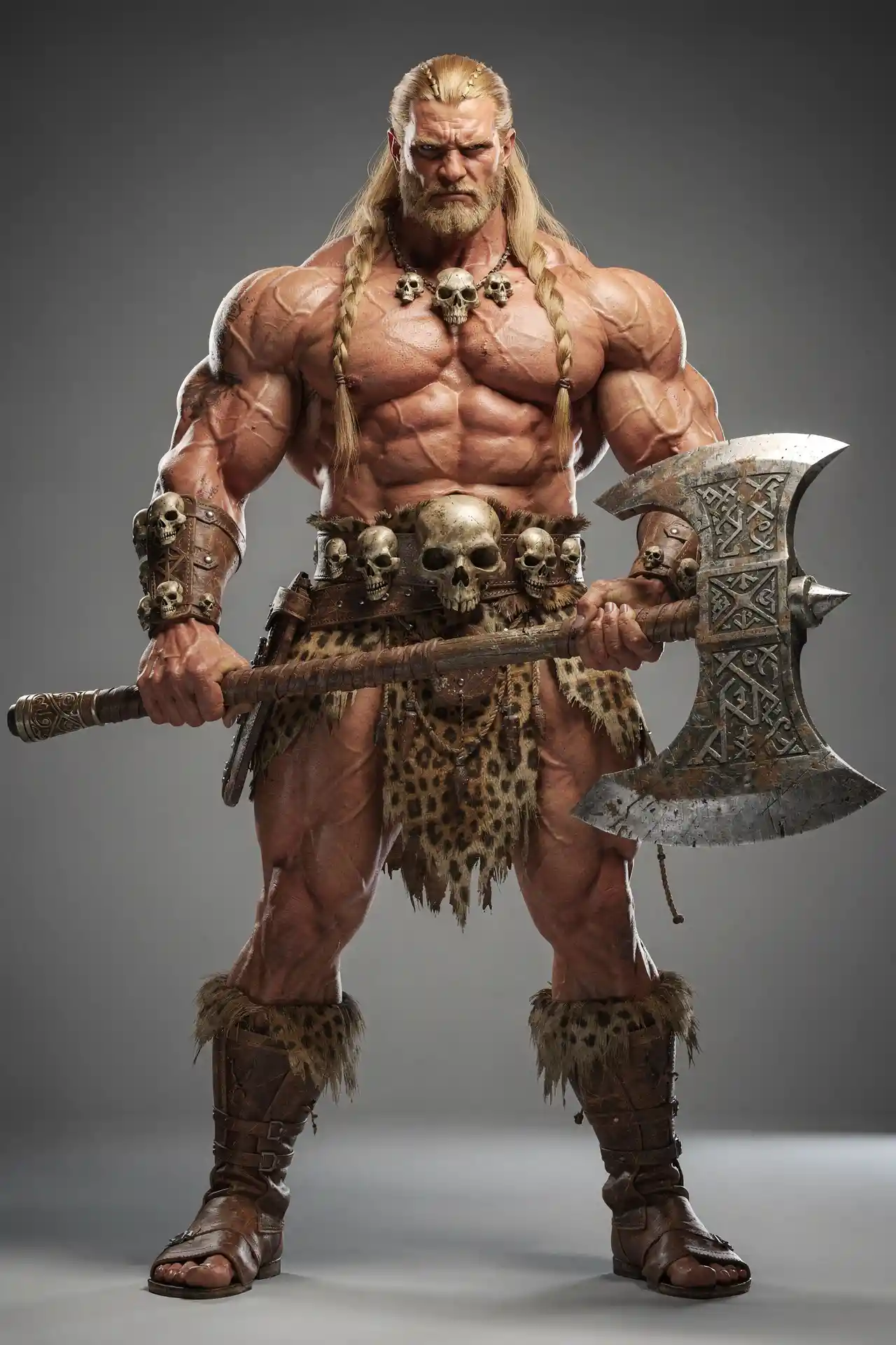 Guerrero bárbaro musculoso con hacha de batalla en render 3D