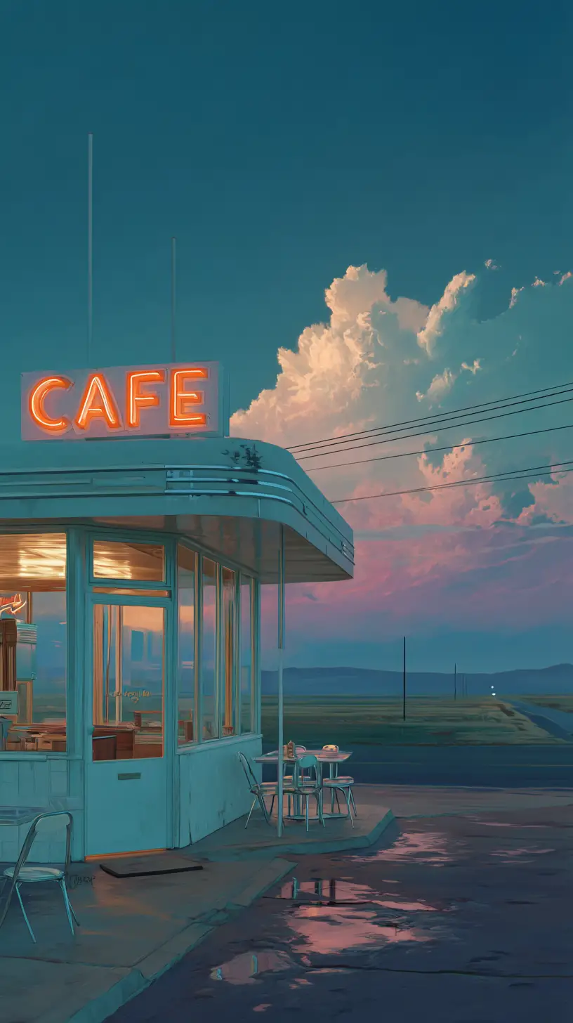 Lonely roadside diner glowing on a wet twilight highway