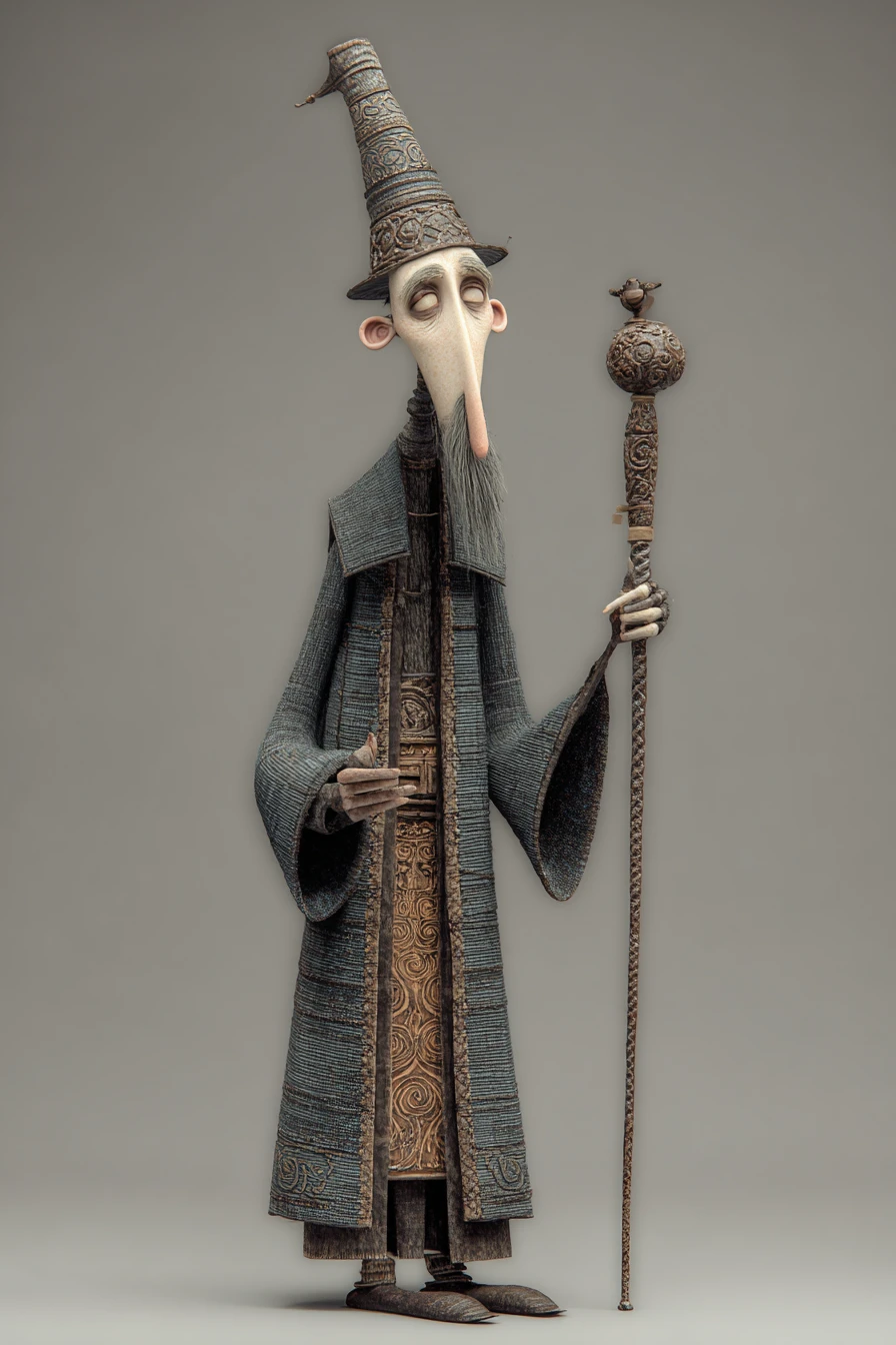 Buffo mago alto con bastone in stile render 3D