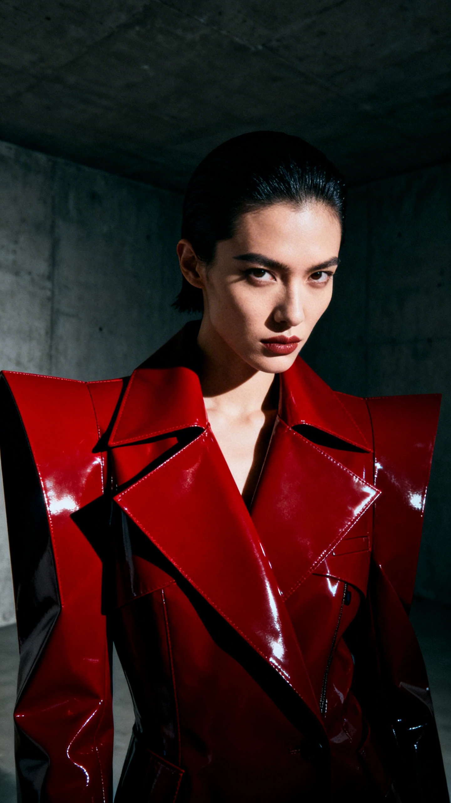 Fashion portrait of a model in a crimson structural jacket