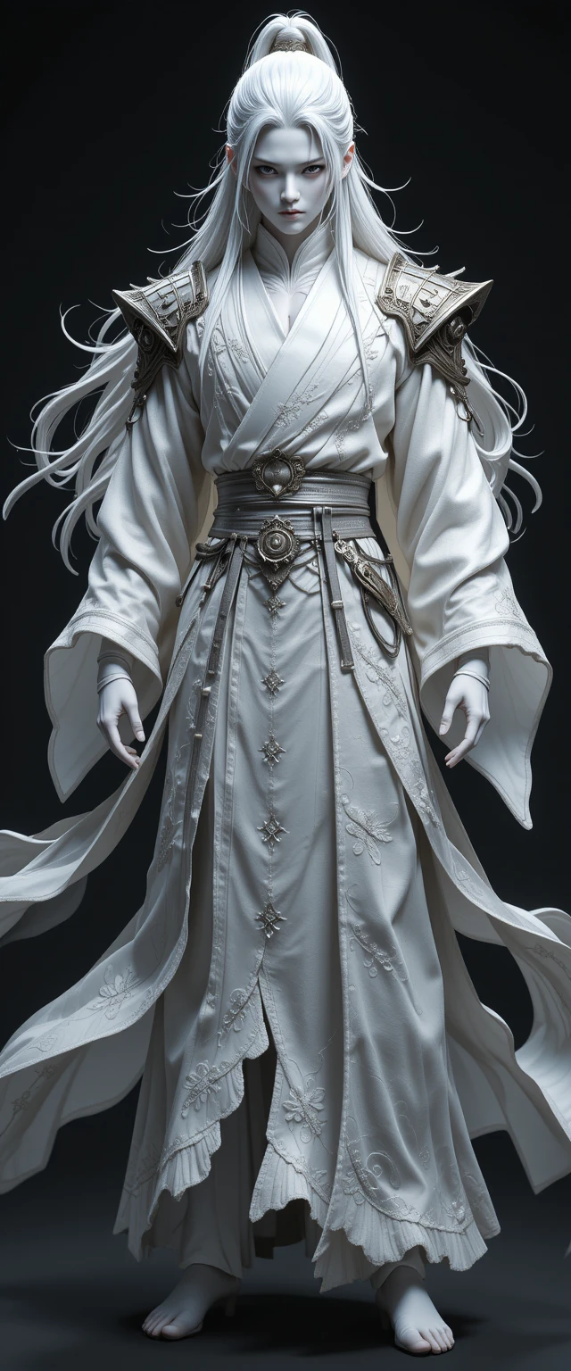 Androgynous white skinned figure in ornate Asian inspired attire