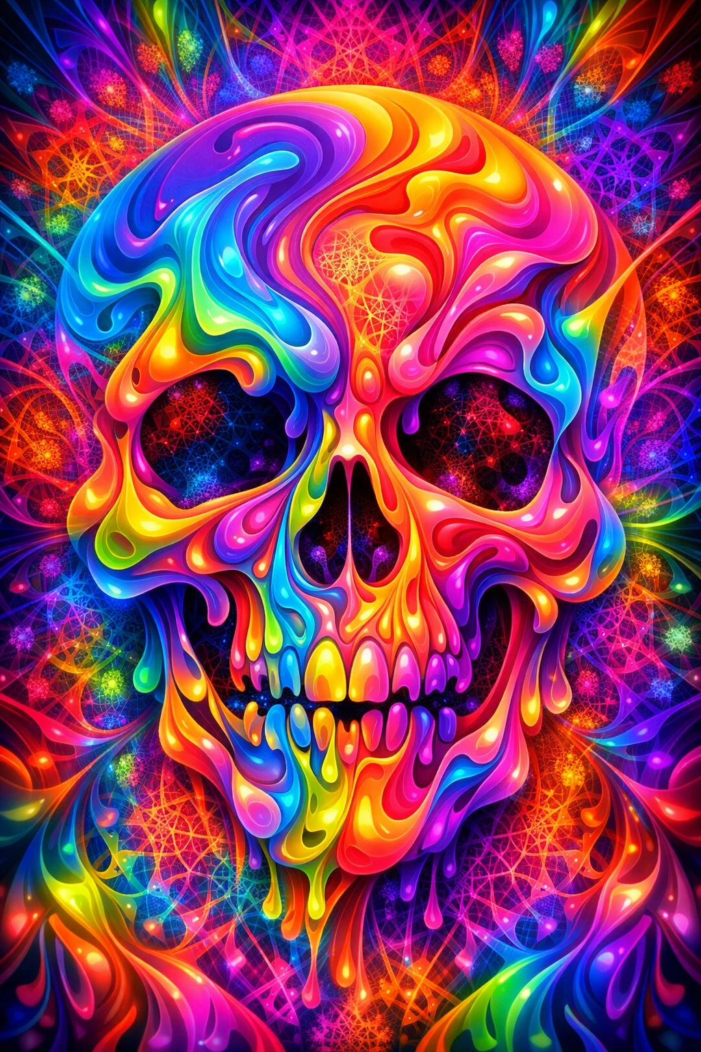Formas de neón fluidas que crean una ilusión surrealista de calavera
