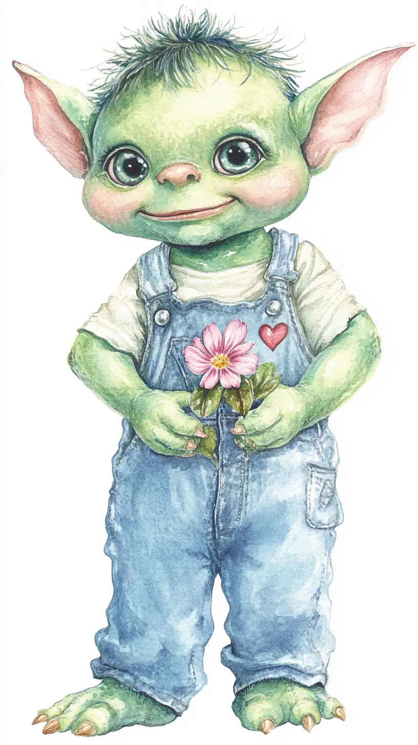 小さなピンクの花を持つ恥ずかしがり屋の赤ちゃんオーガ
