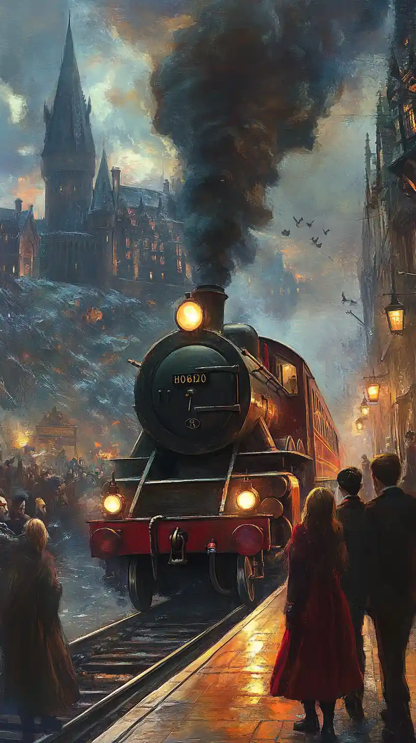 Jovens bruxas e bruxos em uma plataforma de trem mágica