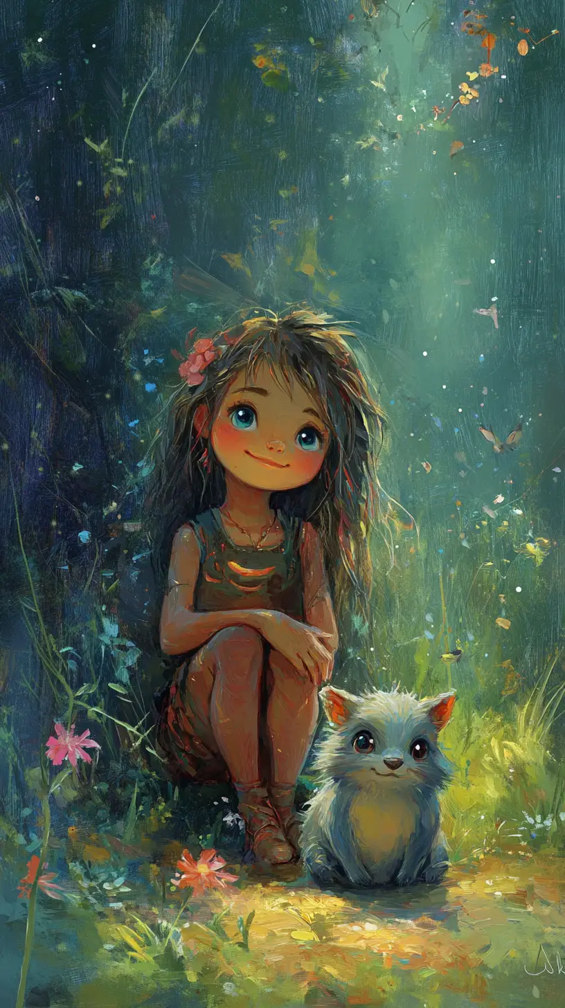 Quokka felice e ragazza in un tranquillo paesaggio fantasy pastello