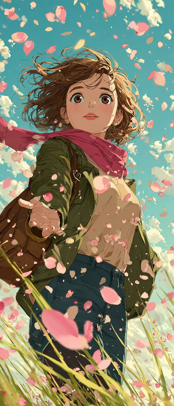 Anime girl with galaxy eyes in a windy flower field