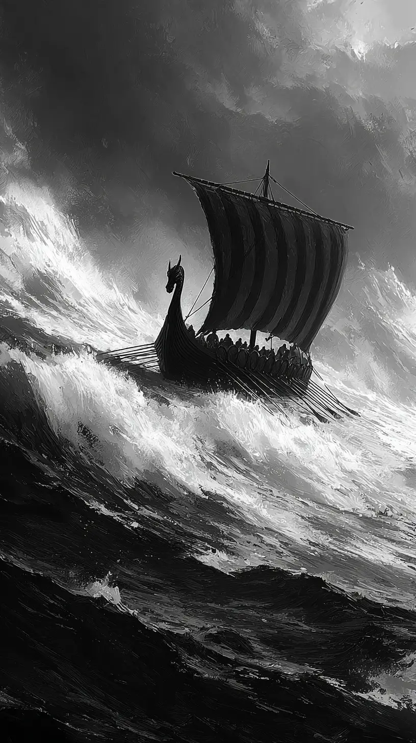 Viking longship battles towering storm waves in black and white