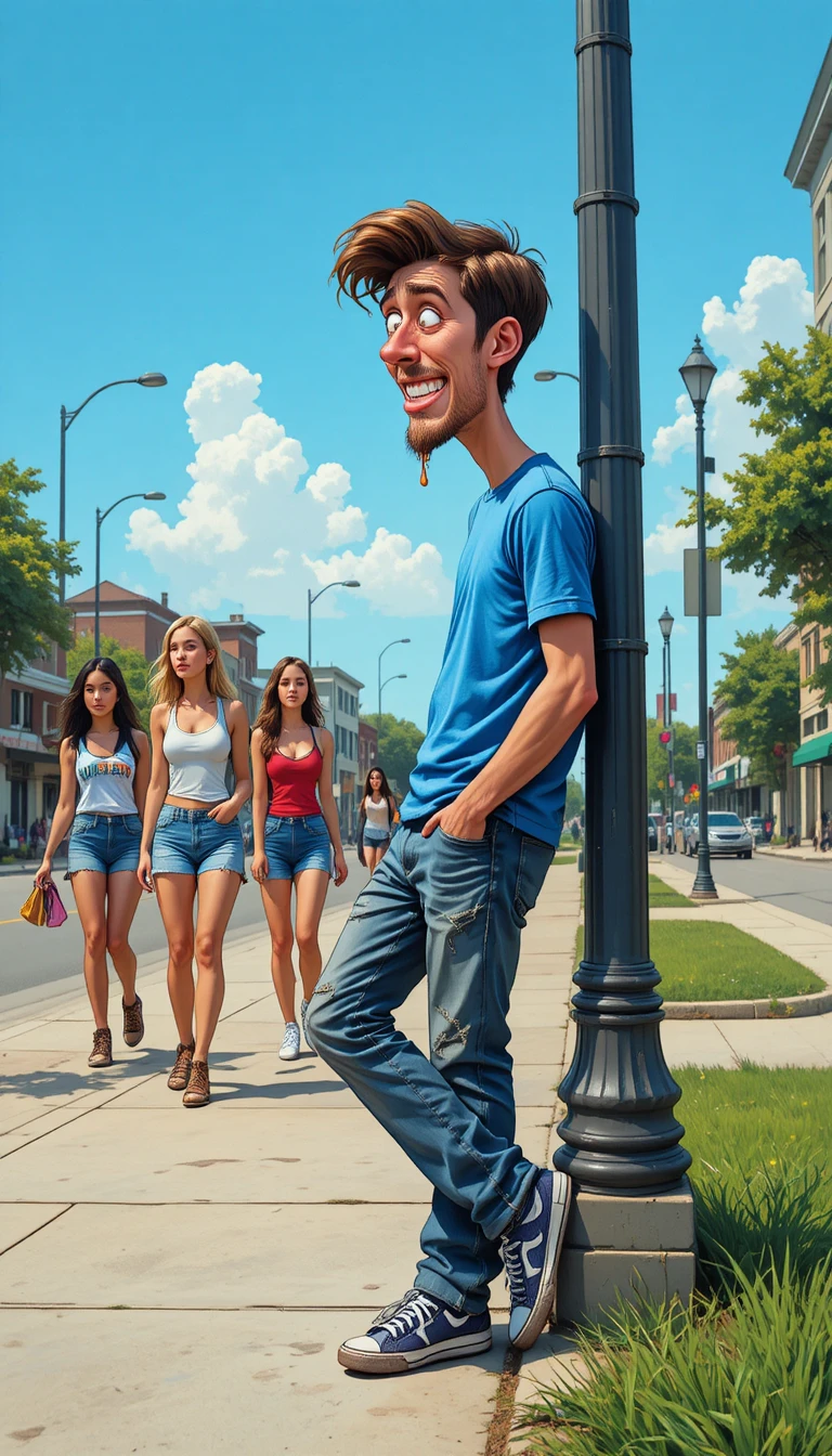 Young college man drooling as he leans on a street light