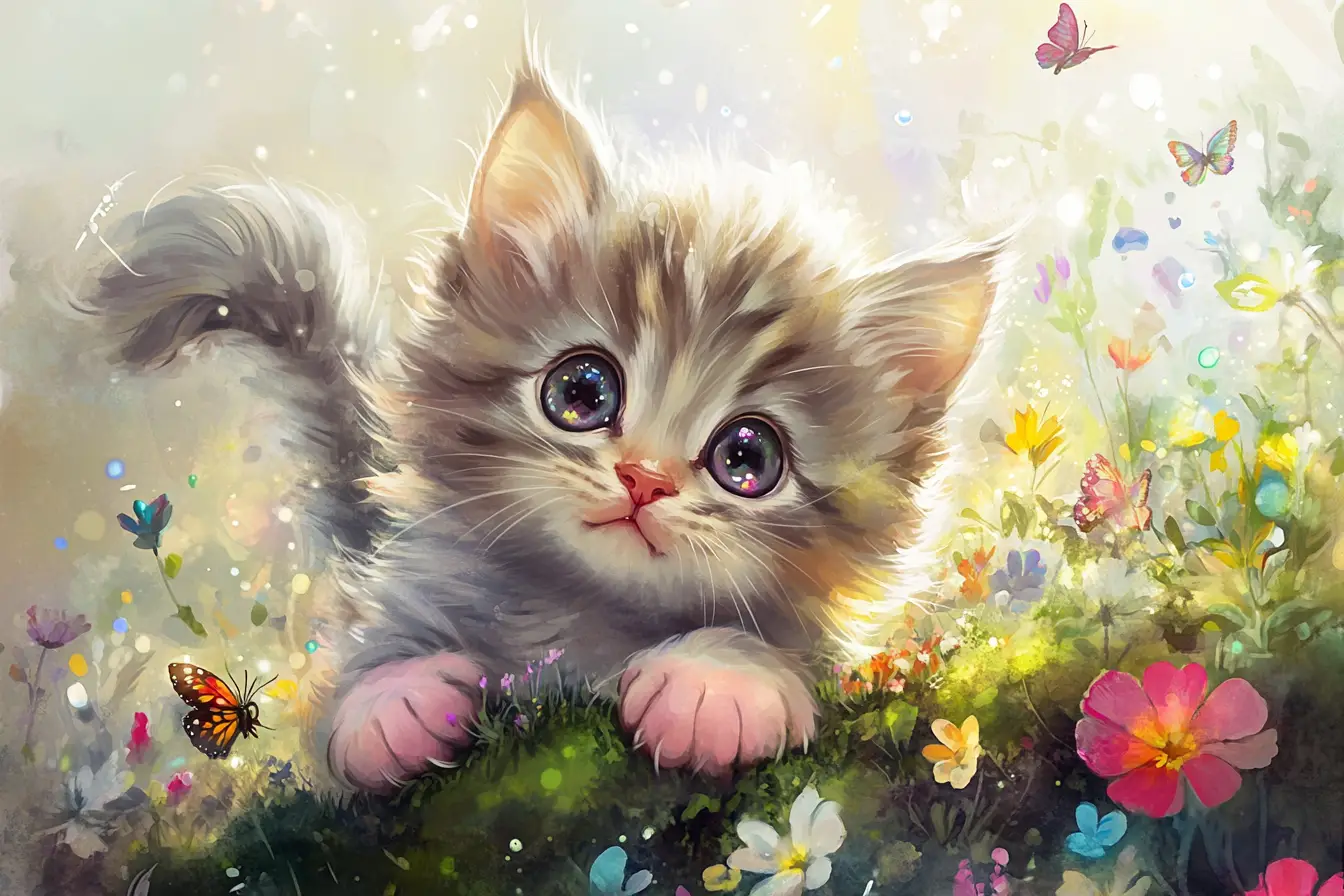 Watercolor kitten peeking from wildflowers in sunlight