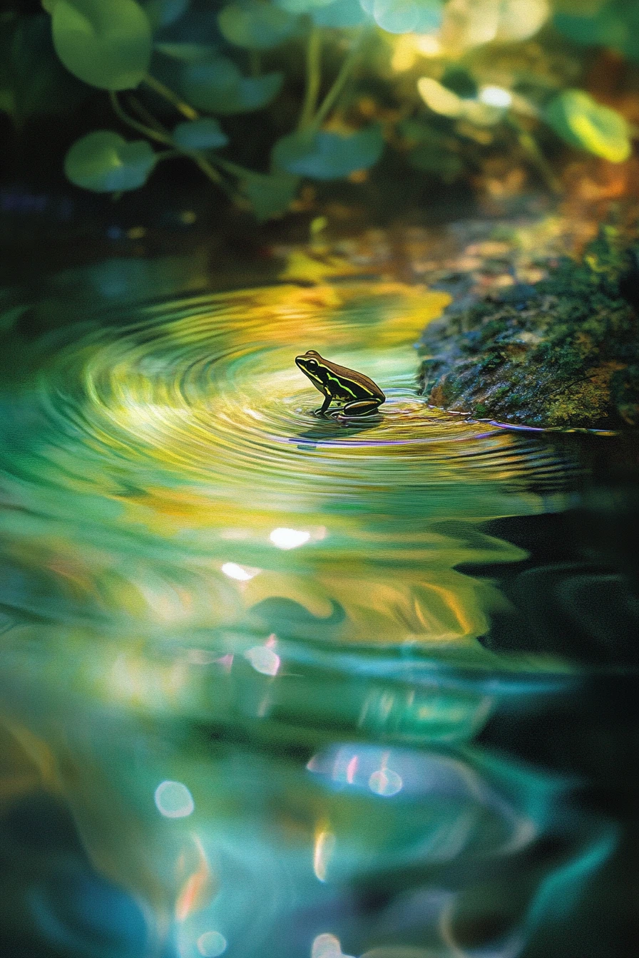 Small frog on layered terrain above glowing pond world