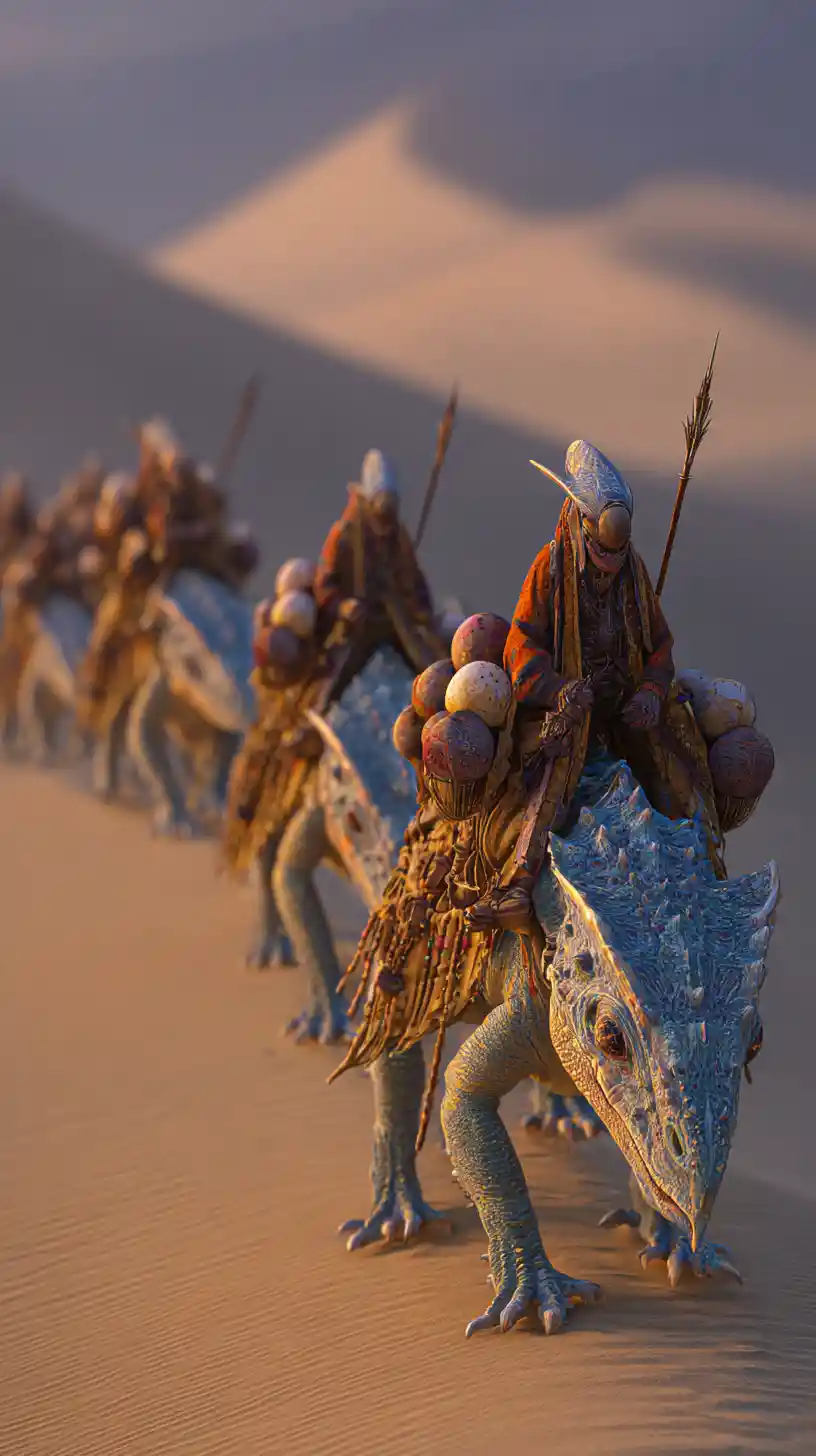 Elven caravan riding horned lizards across desert dunes