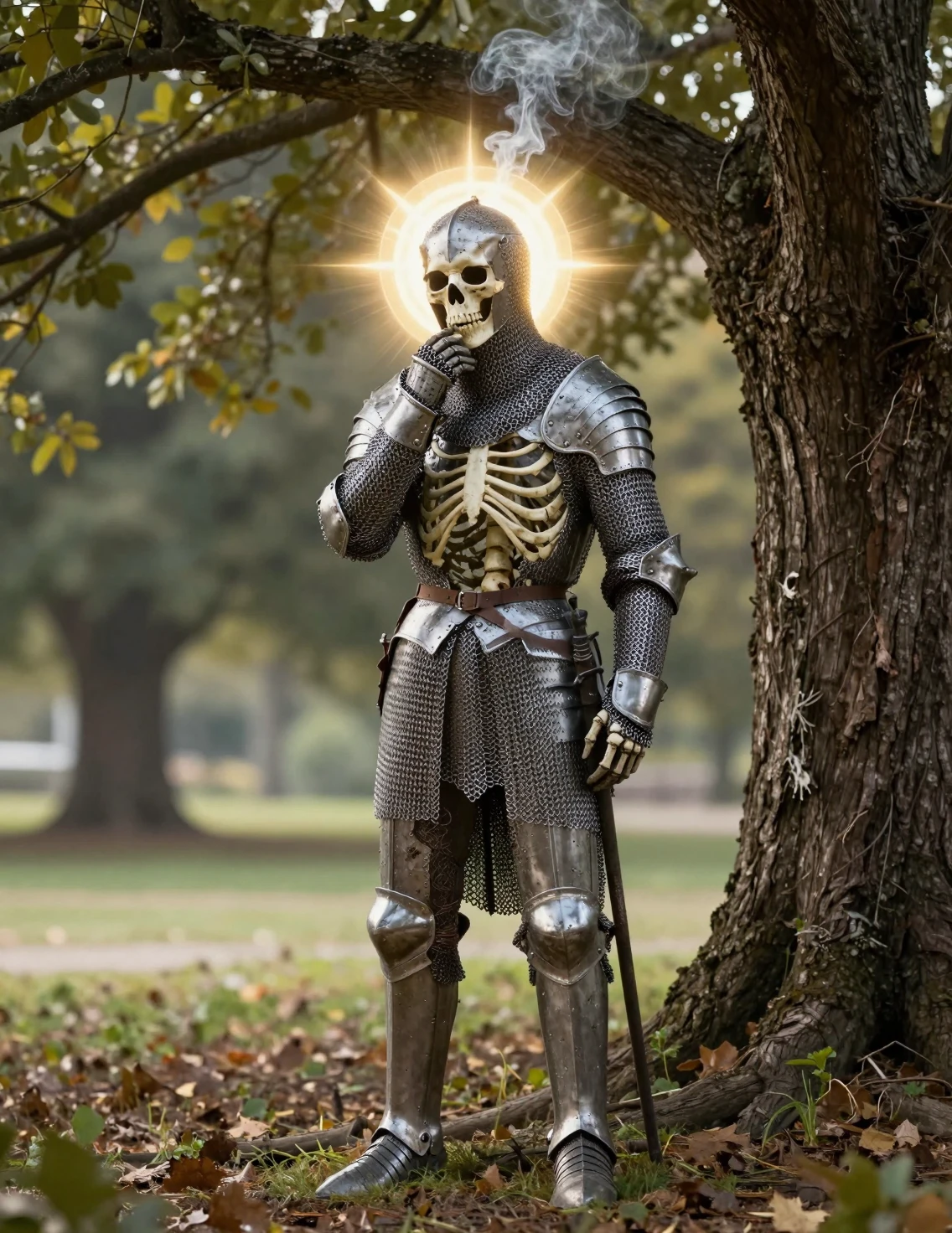 Holy Skeleton Knight Standing Thoughtfully Beneath Park Tree