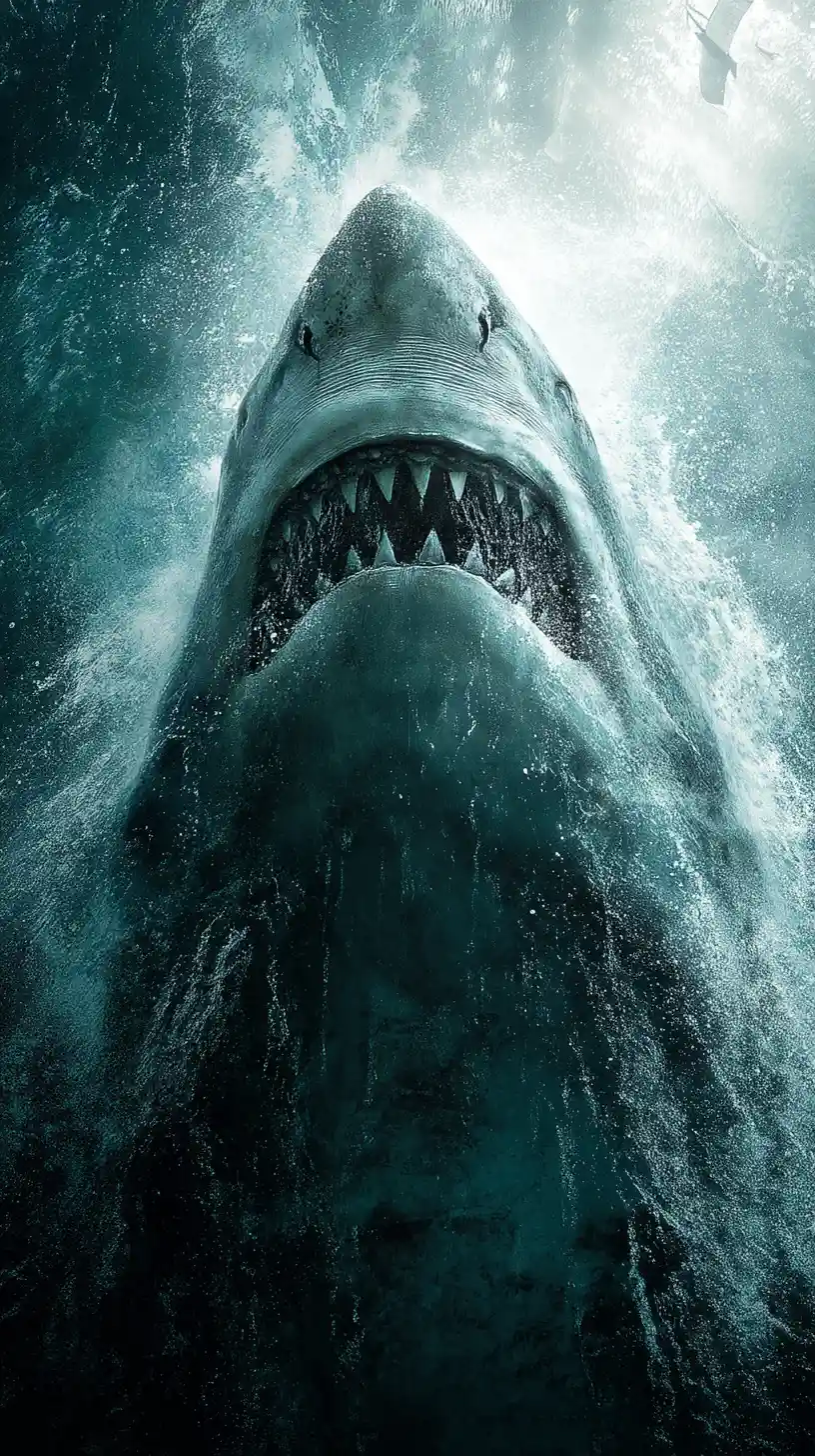 Colossal shark erupting from stormy ocean at twilight