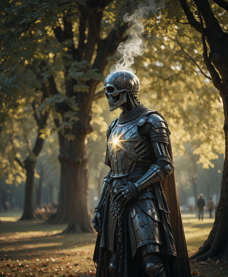 Holy skeleton knight glowing beneath a quiet park tree