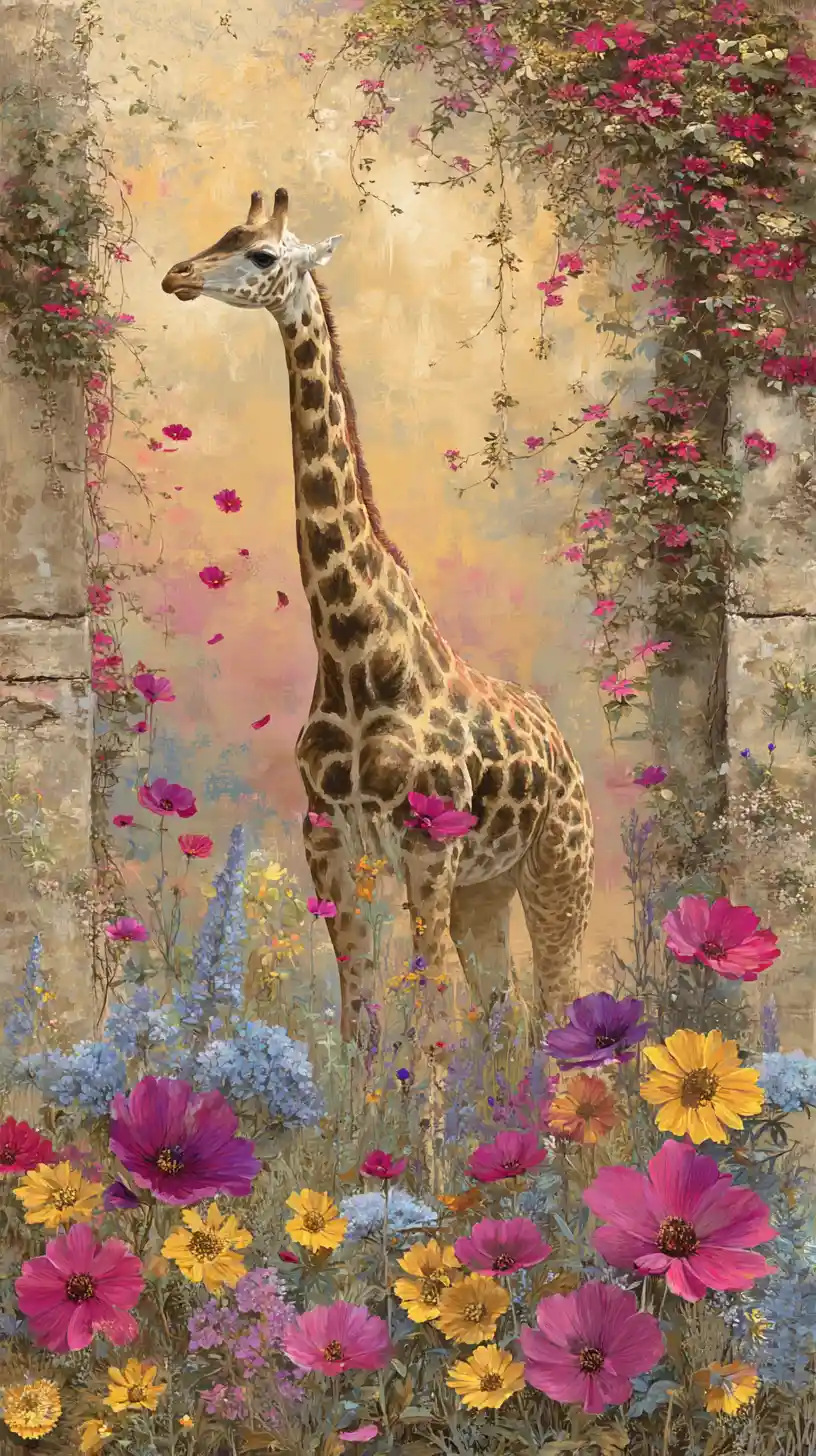 Surreal giraffe in a wildflower meadow mural painting